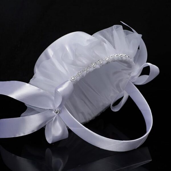 Flower Girl Basket: Satin, Handwoven, Pearl Handle (Rustic White) - Image 2