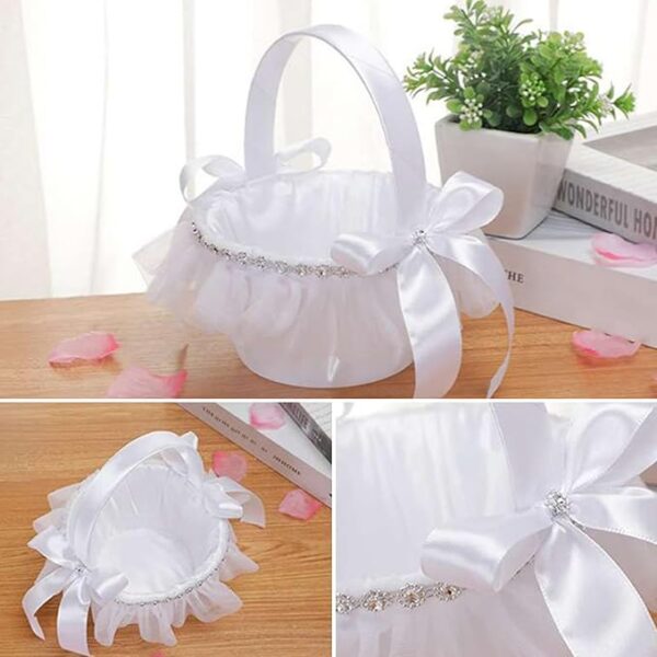 Flower Girl Basket: Satin, Handwoven, Pearl Handle (Rustic White) - Image 3