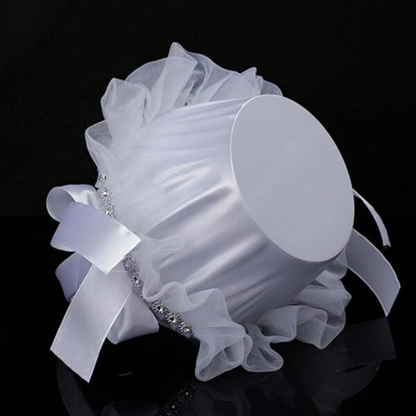 Flower Girl Basket: Satin, Handwoven, Pearl Handle (Rustic White) - Image 4