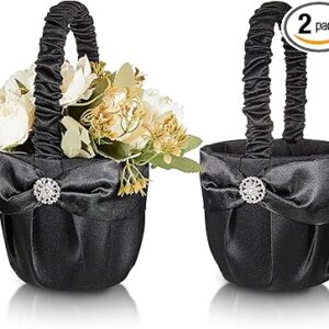2 Wedding Black Flower Girl Baskets: Satin & Rhinestone with Handle (Snowflake)