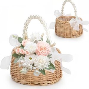 2-pack wicker flower girl baskets with pearl handles & ribbon bows.