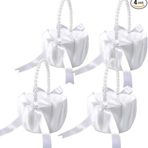 4-pack white satin flower girl baskets with pearl handles & bowknots