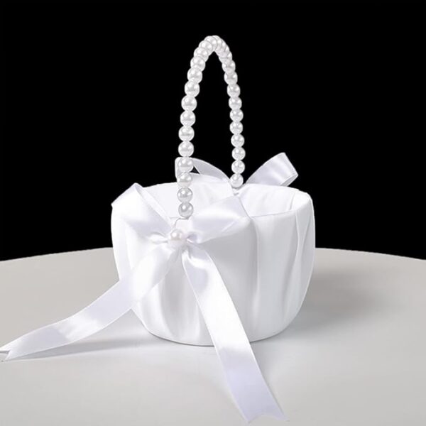 4-pack white satin flower girl baskets with pearl handles & bowknots - Image 3