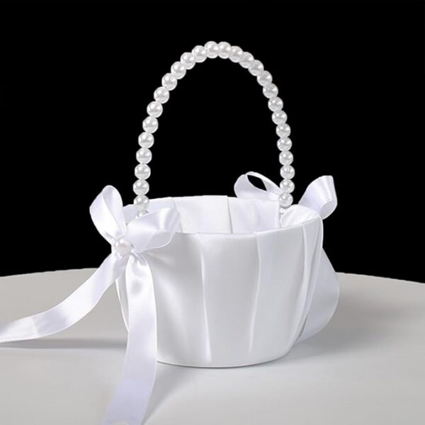 4-pack white satin flower girl baskets with pearl handles & bowknots - Image 4