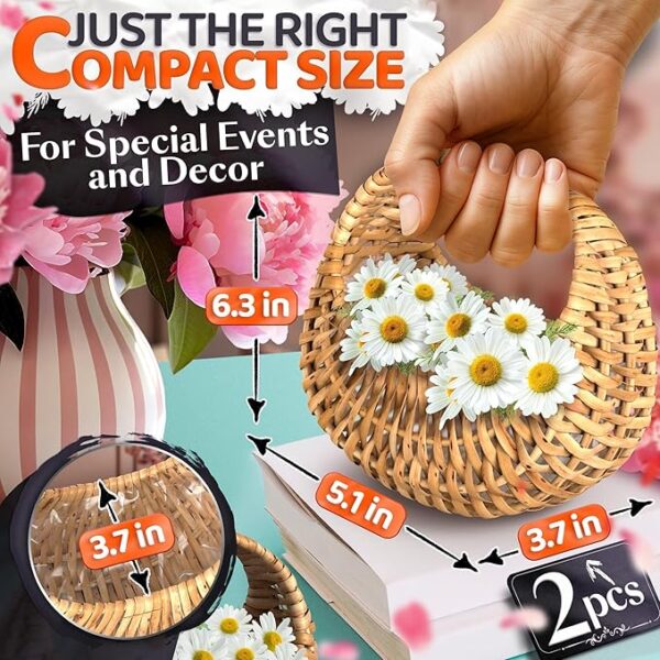 Small Flower Girl Basket Set of 2: Multifunctional Wicker with Waterproof Lining (6.30" x 5.12" x 3.75") - Image 2