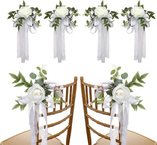6 Pcs White Rose Wedding Chair Back Flowers