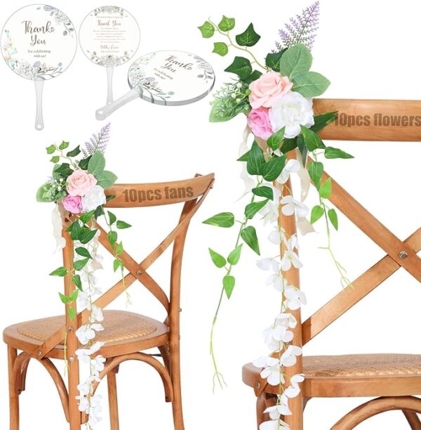 10pcs Wedding Aisle Decorations: Pink Champagne Roses & Greenery, 10 Fans.
