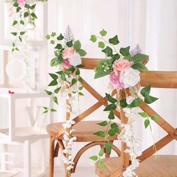 10pcs Wedding Aisle Decorations: Pink Champagne Roses & Greenery, 10 Fans. - Image 3