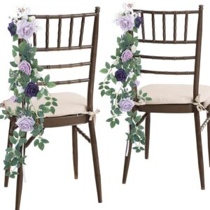 6PCS Wedding Aisle Decorations: Purple Rose Pew Flowers with Leaves & Ribbons