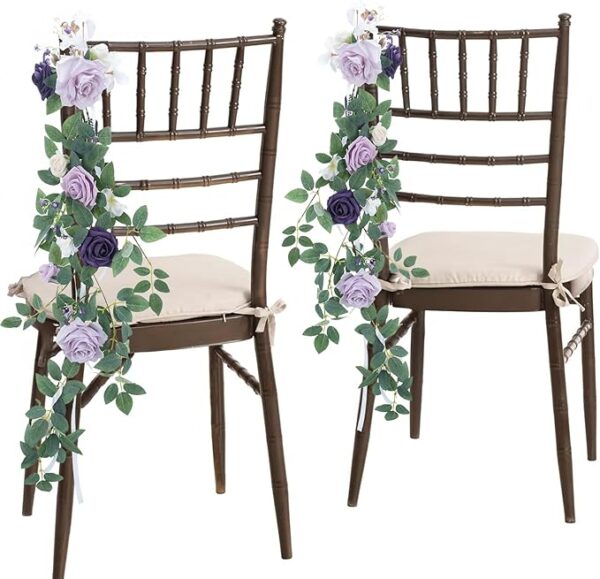 6PCS Wedding Aisle Decorations: Purple Rose Pew Flowers with Leaves & Ribbons
