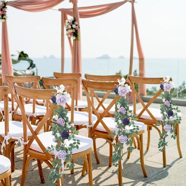 6PCS Wedding Aisle Decorations: Purple Rose Pew Flowers with Leaves & Ribbons - Image 3