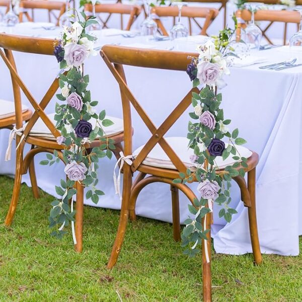 6PCS Wedding Aisle Decorations: Purple Rose Pew Flowers with Leaves & Ribbons - Image 4