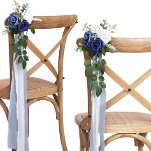 Wedding Aisle Decorations (Set of 10): Blue Pew Flowers with Eucalyptus & Ribbons