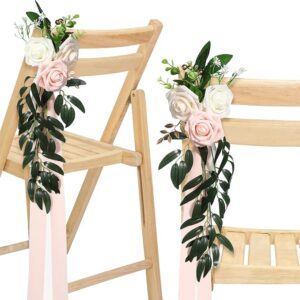 16 Pcs Wedding Aisle Decorations: Pink & Beige Rose Pew Flowers with Eucalyptus & Ribbons.