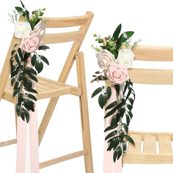 16 Pcs Wedding Aisle Decorations: Pink & Beige Rose Pew Flowers with Eucalyptus & Ribbons.