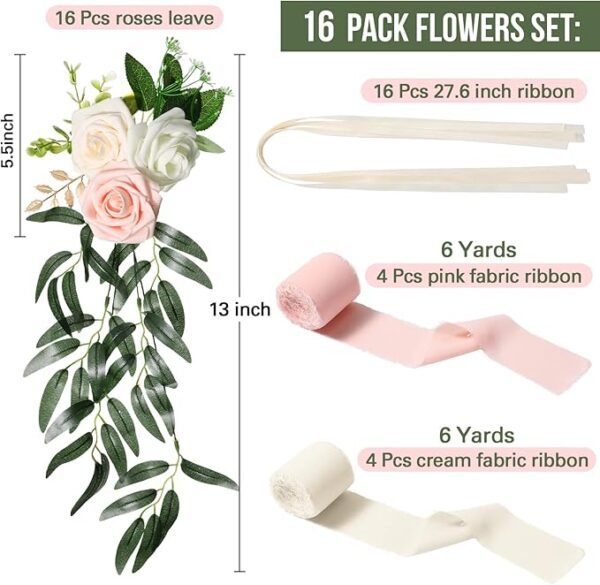 16 Pcs Wedding Aisle Decorations: Pink & Beige Rose Pew Flowers with Eucalyptus & Ribbons. - Image 2