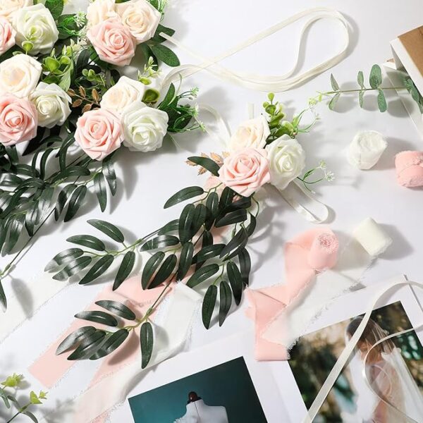 16 Pcs Wedding Aisle Decorations: Pink & Beige Rose Pew Flowers with Eucalyptus & Ribbons. - Image 3