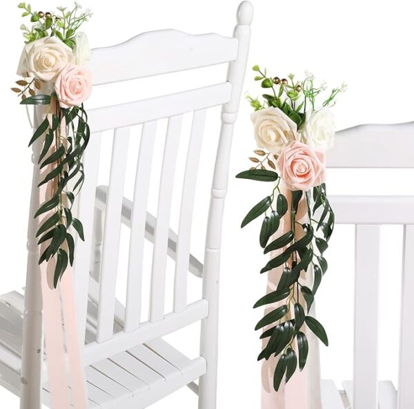 16 Pcs Wedding Aisle Decorations: Pink & Beige Rose Pew Flowers with Eucalyptus & Ribbons. - Image 4