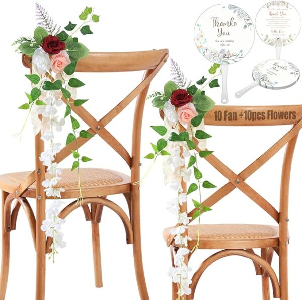 10pcs Wedding Pew Flowers Set: Artificial Silk Roses & Greenery with Fans (Red White)