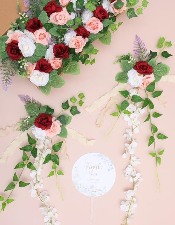 10pcs Wedding Pew Flowers Set: Artificial Silk Roses & Greenery with Fans (Red White) - Image 2