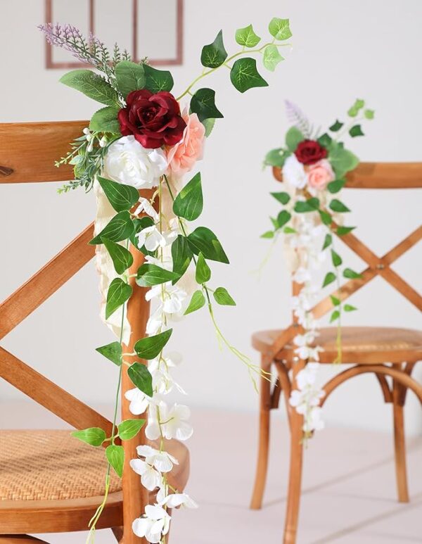 10pcs Wedding Pew Flowers Set: Artificial Silk Roses & Greenery with Fans (Red White) - Image 3