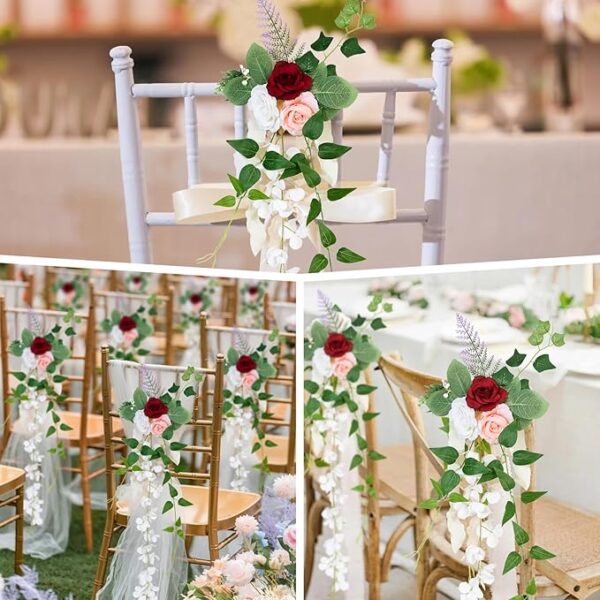 10pcs Wedding Pew Flowers Set: Artificial Silk Roses & Greenery with Fans (Red White) - Image 4