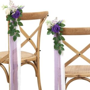 Purple Pew Flowers with Eucalyptus and Ribbons for church chair and party decor
