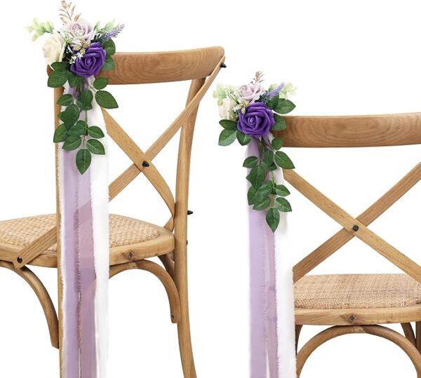 Purple Pew Flowers with Eucalyptus and Ribbons for church chair and party decor