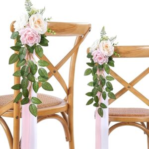 Wedding Aisle Chair Decorations: 10 Pink & White Rose Flowers with Ribbons.
