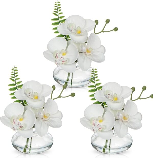 3-pack white artificial orchids in clear glass vases