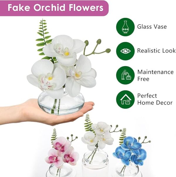 3-pack white artificial orchids in clear glass vases - Image 2