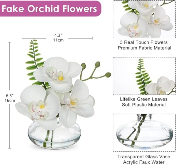 3-pack white artificial orchids in clear glass vases - Image 3