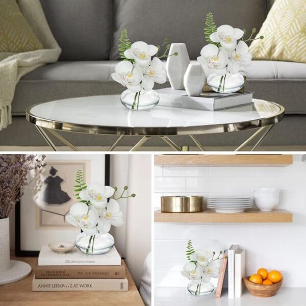 3-pack white artificial orchids in clear glass vases - Image 4