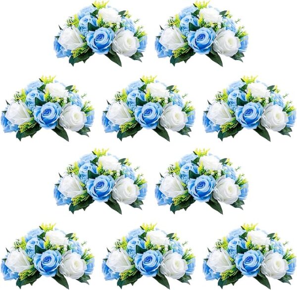 10-Pack Blue & White Fake Flower Ball Bouquets – 15-Head Plastic Roses