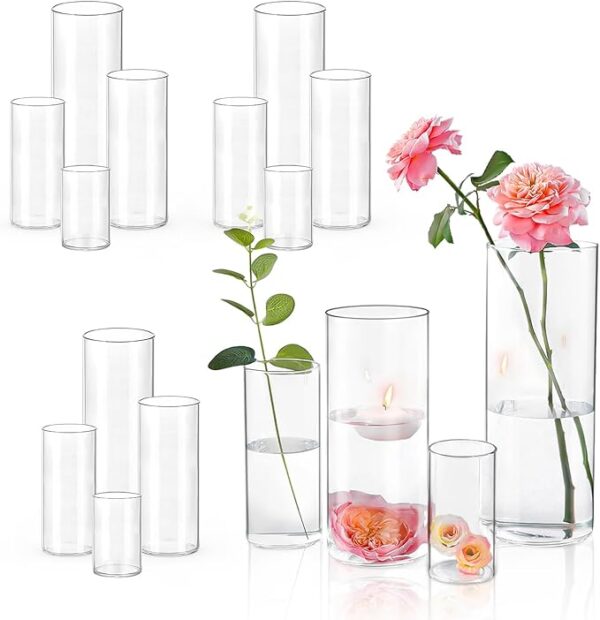 16-pack clear glass cylinder vases (4, 6, 8, 10-inch) for centerpieces.