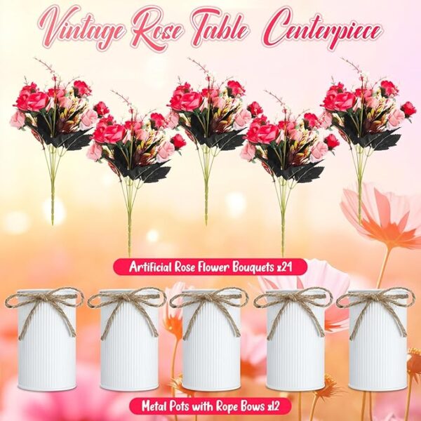 12 Sets Rose Red Artificial Rose Wedding Centerpieces with Vases & Metal Pots - Image 2