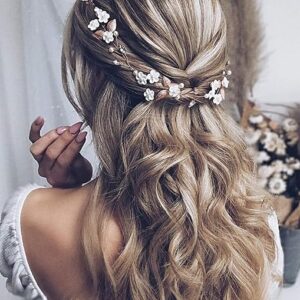 Silver Bride Flower Wedding Hair Vine: Leaf, Pearl, Rhinestone.