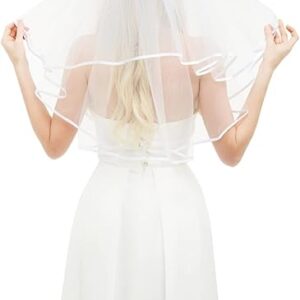 White Short 2-Tier Bridal Veil with White Binding