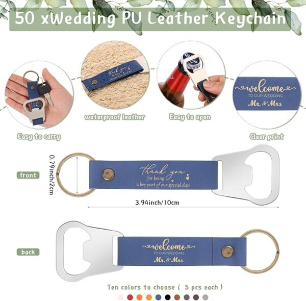 50 Sets Wedding Bottle Opener Favors with PU Leather Keychains, Cards & Organza Bags - Image 2
