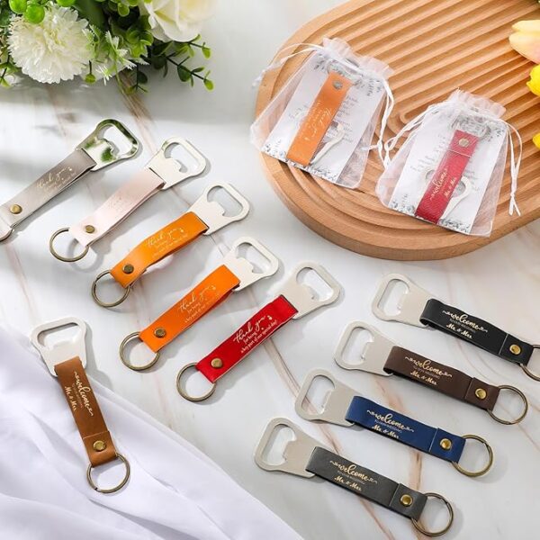 50 Sets Wedding Bottle Opener Favors with PU Leather Keychains, Cards & Organza Bags - Image 4
