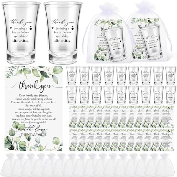 100 Sets Wedding Shot Glass Favors with Thank You Cards & Organza Bags