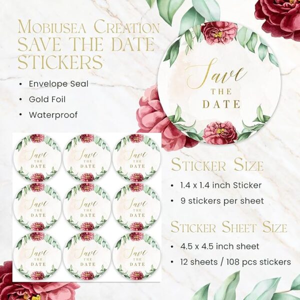 Red Floral Save The Date Stickers (108pcs) - Image 3