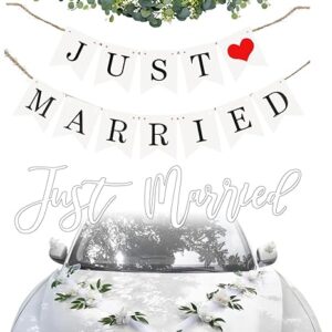 Just Married Car Decor Kit – White Roses, Banner, Tulle & Stickers for Wedding Send-Off