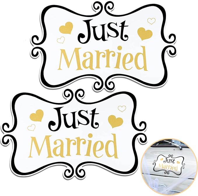 2 Large Just Married Car Magnets – Black & Gold, 13.9"x8.8" for Tailgate, Doors & Fridge
