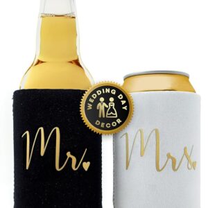 Mr & Mrs Wedding Can Coolers – Gold Just Married Gifts for Couples & Newlyweds
