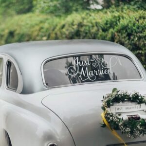 Just Married Car Window Sticker – 24"x12" Metallic Silver Vinyl Decal