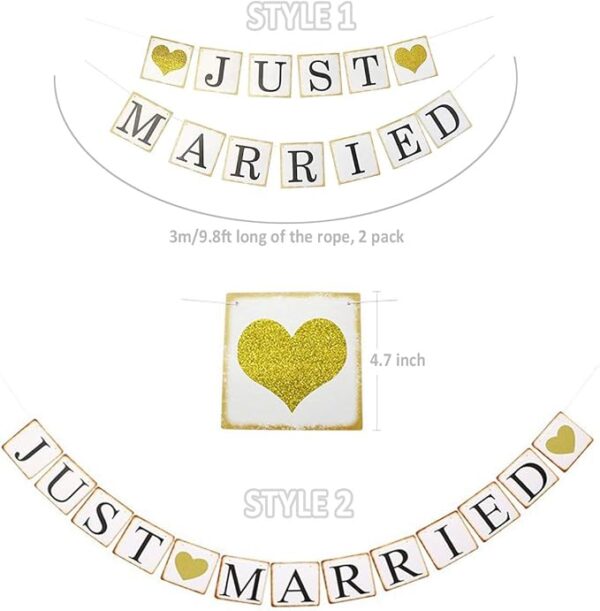 Gold Glitter Just Married Banner – Car & Bridal Shower Decoration - Image 2