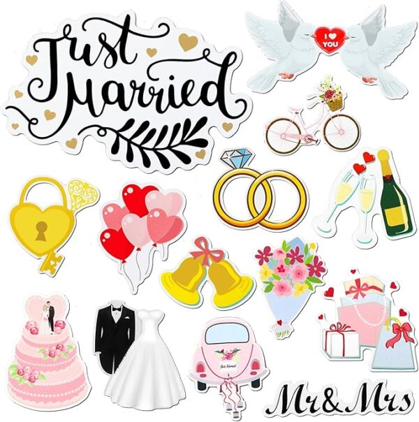 14-Pc Just Married Car & Refrigerator Magnets – Wedding & Honeymoon Decor
