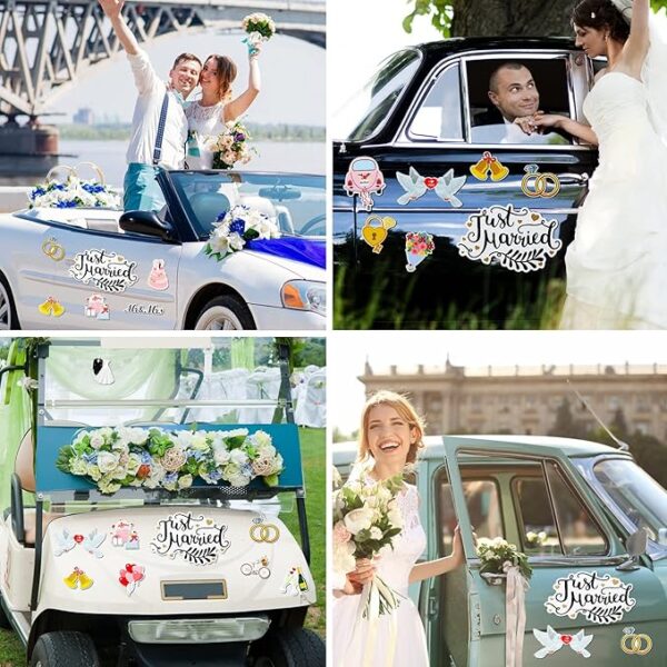 14-Pc Just Married Car & Refrigerator Magnets – Wedding & Honeymoon Decor - Image 3