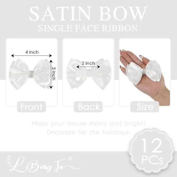 White Satin Rhinestone Ribbon Bows – 4", 12-Pack Gift Wrap Bows - Image 2